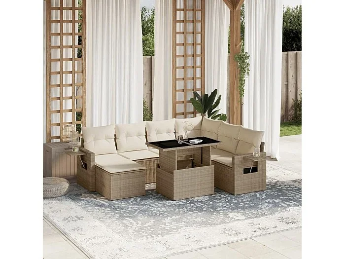 Set de sofás de jardín y cojines 8 piezas ratán sintético beige
