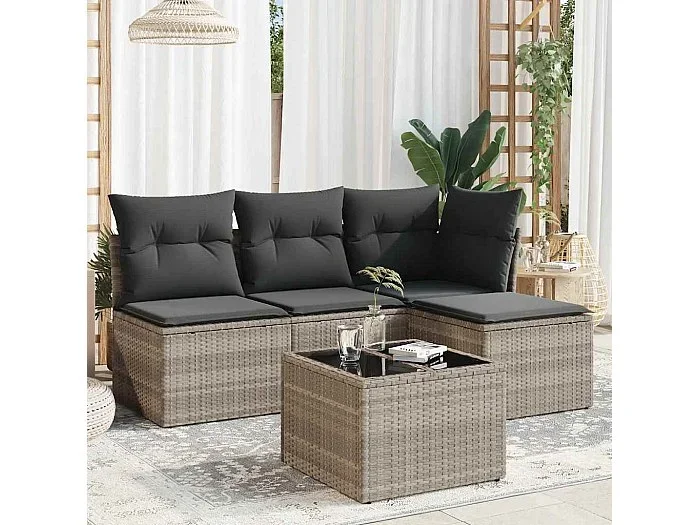 Set de sofás jardín y cojines 5 piezas ratán sintético gris claro