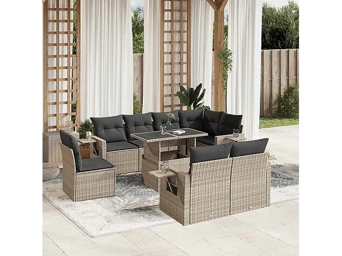 Set muebles jardín 9 piezas y cojines ratán sintético gris claro