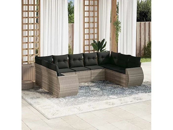 Set muebles jardín 9 piezas y cojines ratán sintético gris claro