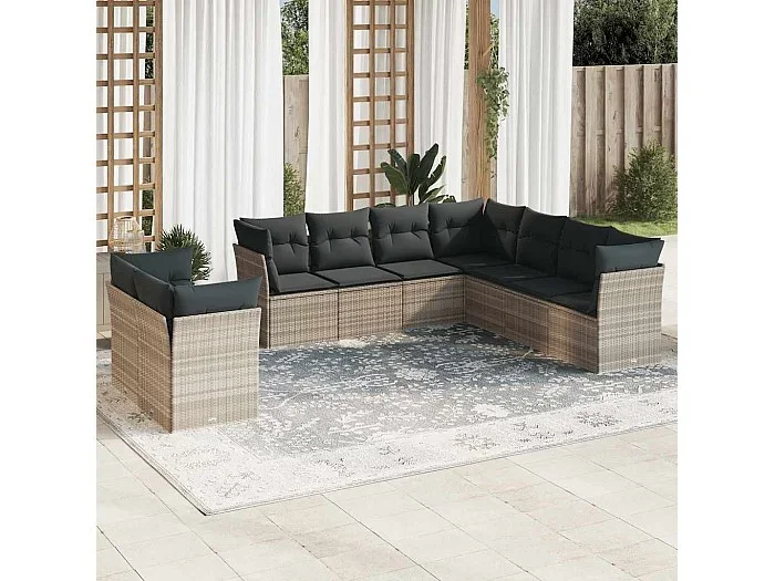 Set muebles jardín 9 piezas y cojines ratán sintético gris claro