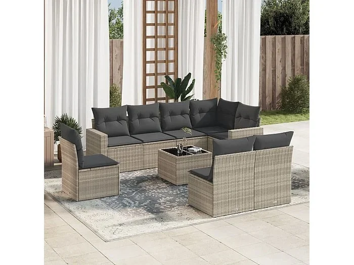Set muebles jardín 9 piezas y cojines ratán sintético gris claro