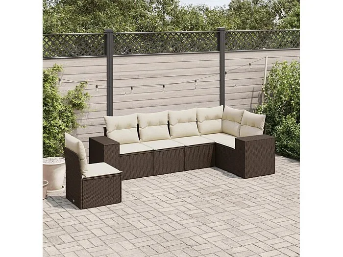 Set sofás de jardín 6 piezas y cojines ratán sintético marrón
