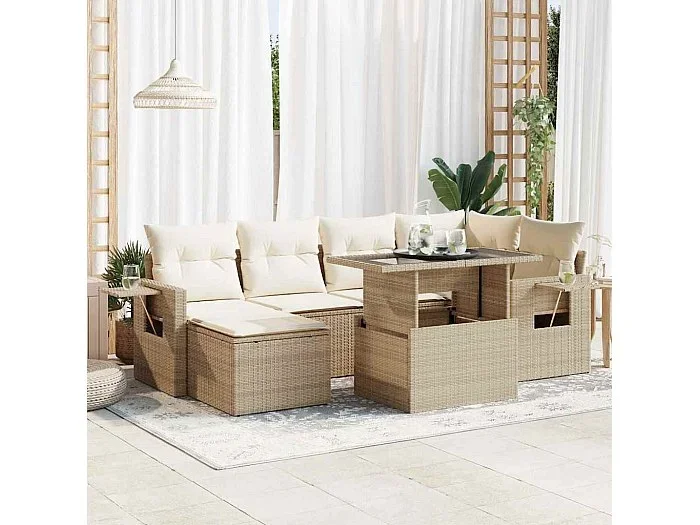Set sofás de jardín 7 piezas y cojines ratán sintético beige