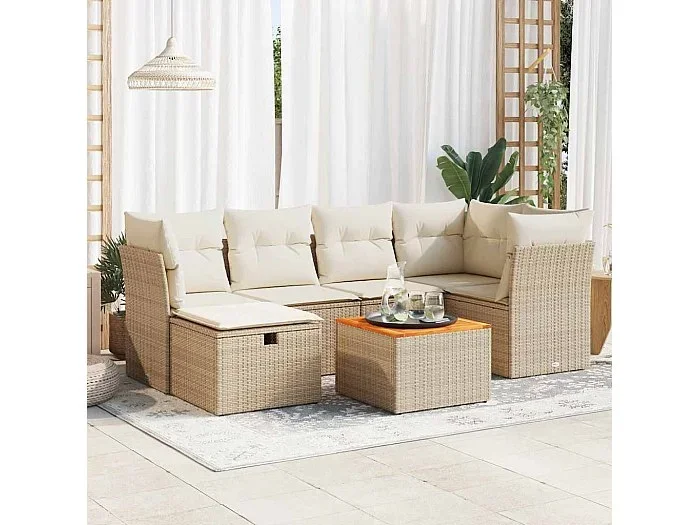 Set sofás de jardín 7 piezas y cojines ratán sintético beige