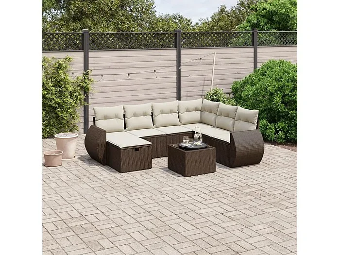 Set sofás de jardín 8 piezas y cojines ratán sintético marrón
