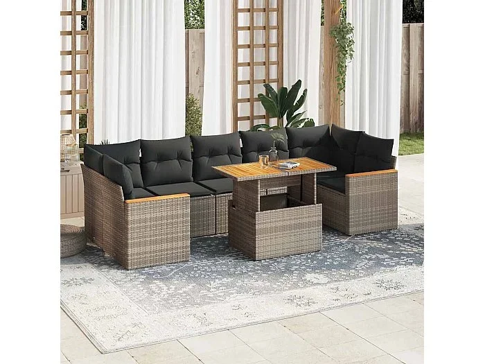 Set sofás jardín y cojines 7 piezas ratán sintético acacia gris