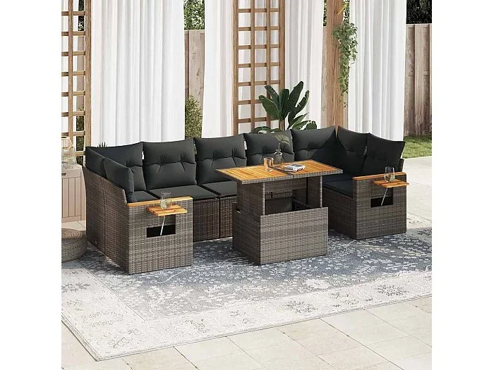 Set sofás jardín y cojines 8 piezas ratán sintético acacia gris
