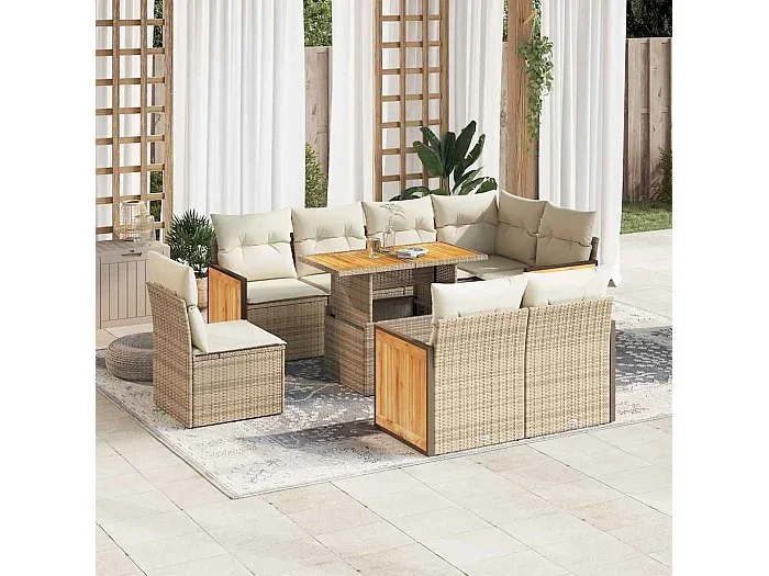 Set sofás jardín y cojines 9 piezas ratán sintético acacia beige