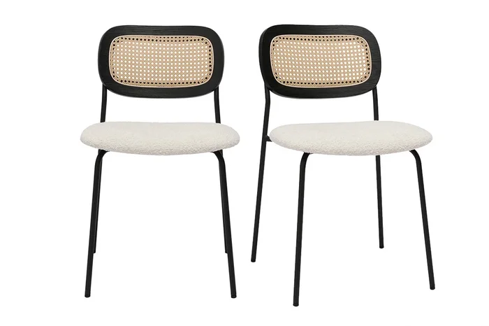 Sillas de diseño de tela de lana rizada blanco, metal negro y mimbre entrelazado (juego de 2) MIRANDA