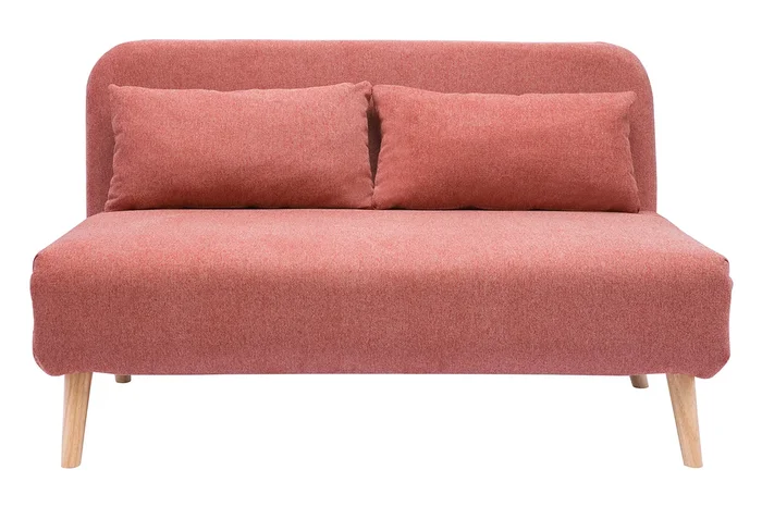 Sillón cama de 2 plazas convertible de tela de terciopelo terracota y madera clara AMIKO