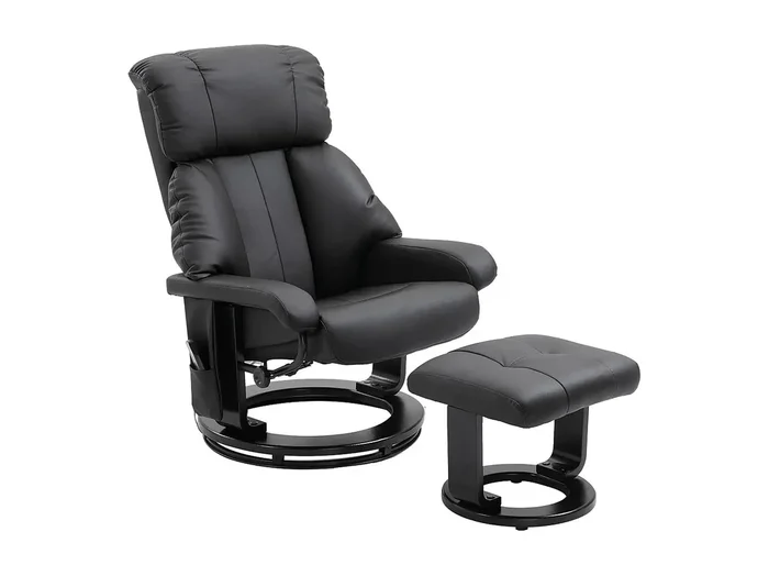 Sillón relax con masaje, piel sintética, color negro, reposapiés (76x80x102 cm)