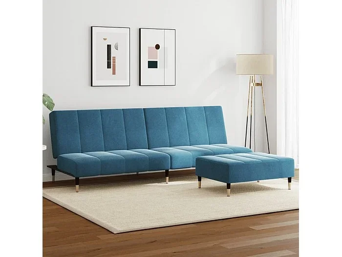 Sofá cama 2 plazas con reposapiés terciopelo azul