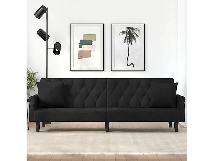 Sofá cama de terciopelo negro con reposabrazos