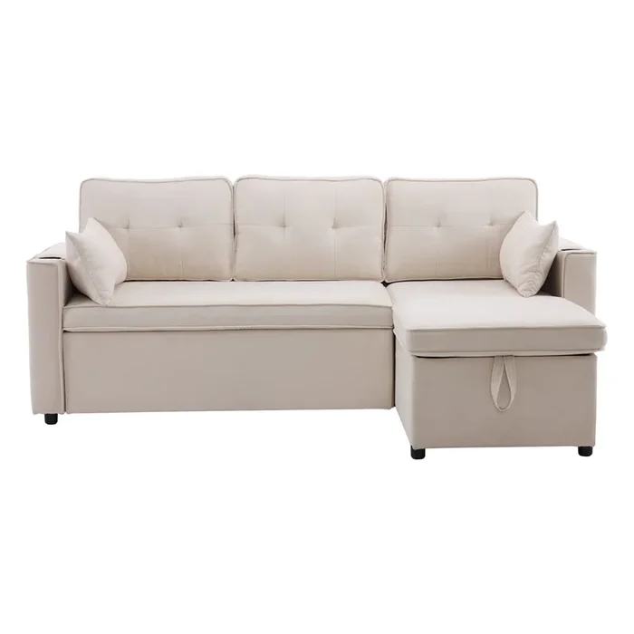 Sofá cama L-forma – diseño moderno, con almacenamiento y reposavasos – Beige