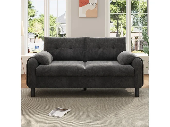 Sofá recto de 2 plazas gris con cojines y bolsillos laterales, tejido chenilla 158x80x88,5cm