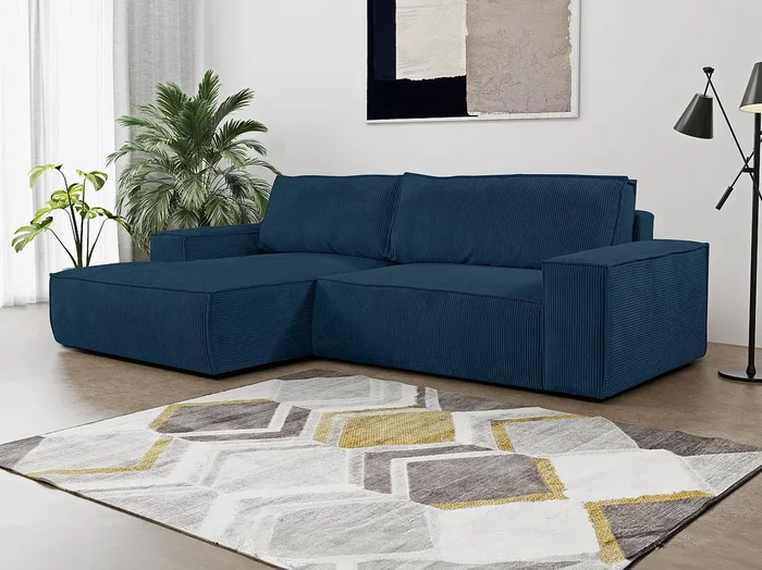 Sofá rinconera de pana azul AMELIA – Ángulo izquierdo