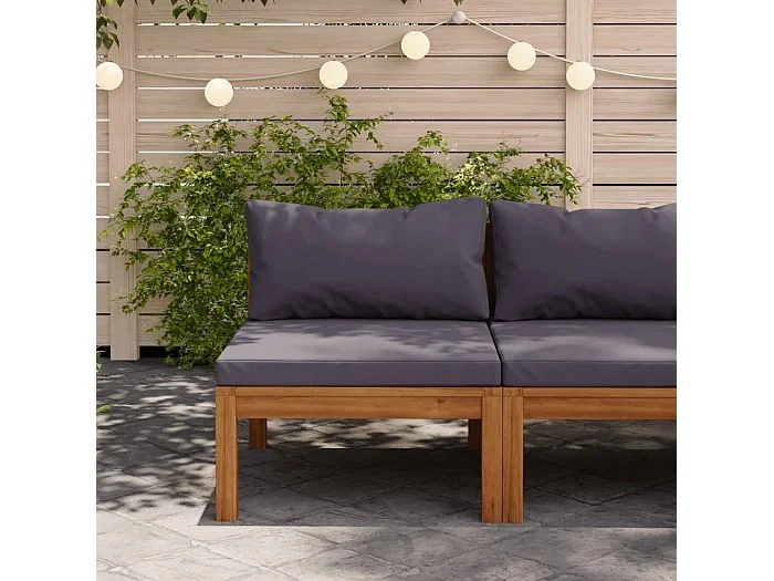 Sofá seccional central con cojines gris oscura madera de acacia