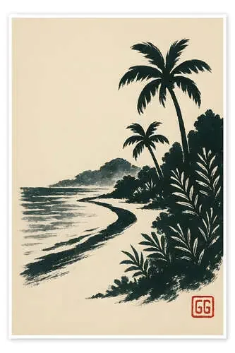 Tropical Palm Coast, Sumi-E illustration de Gradient Grooves