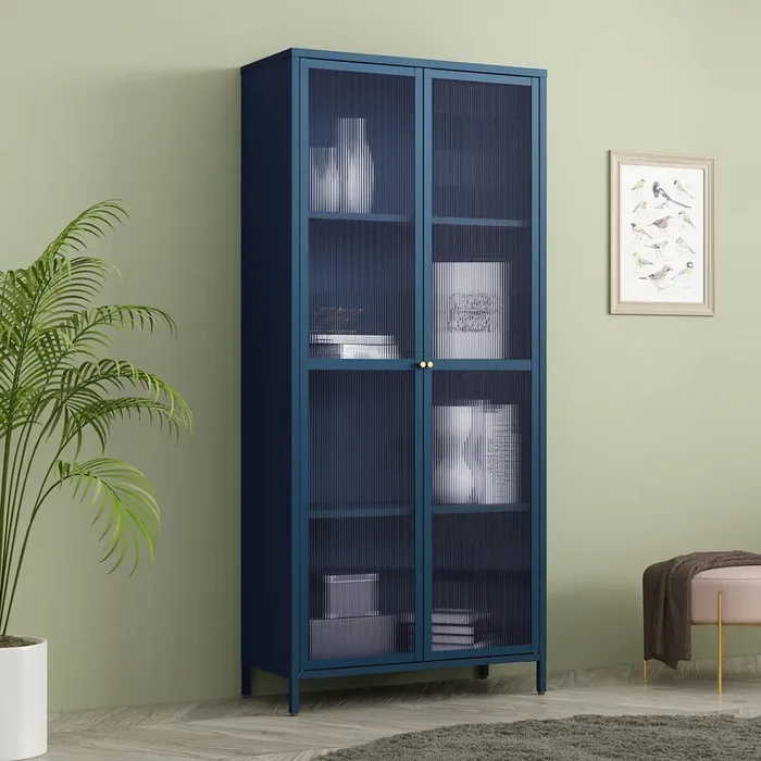 Vitrina Säkylä con puerta de cristal 3 estantes 180x80x35 cm azul marino [en.casa]