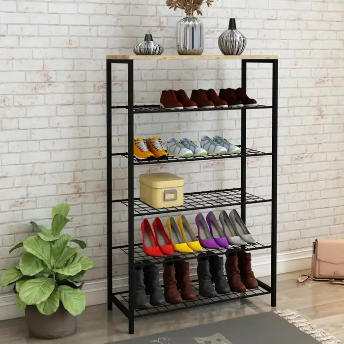 Zapatero Hvidebæk de 6 niveles aglomerado/metal 116 x 73 x 30 cm negro/madera [en.casa]